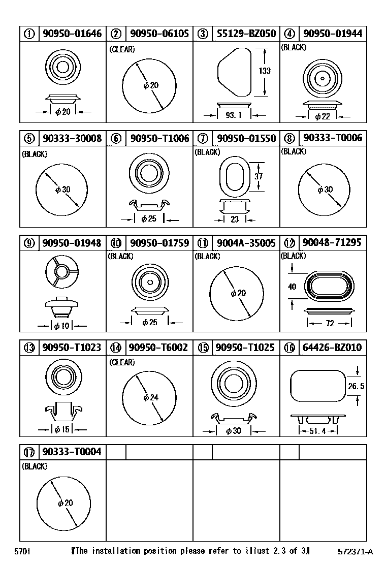 Toyota YARIS hole plug EPC diagram — 572371A