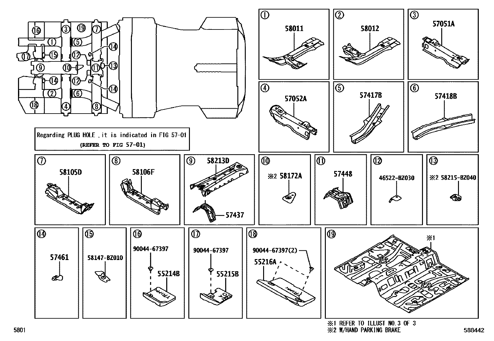 Toyota YARIS 浅盘形地板和车身下背板 EPC diagram — 588442
