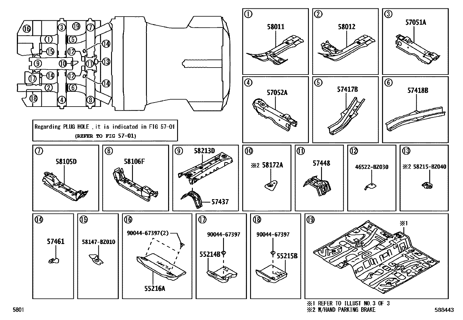 Toyota YARIS 浅盘形地板和车身下背板 EPC diagram — 588443