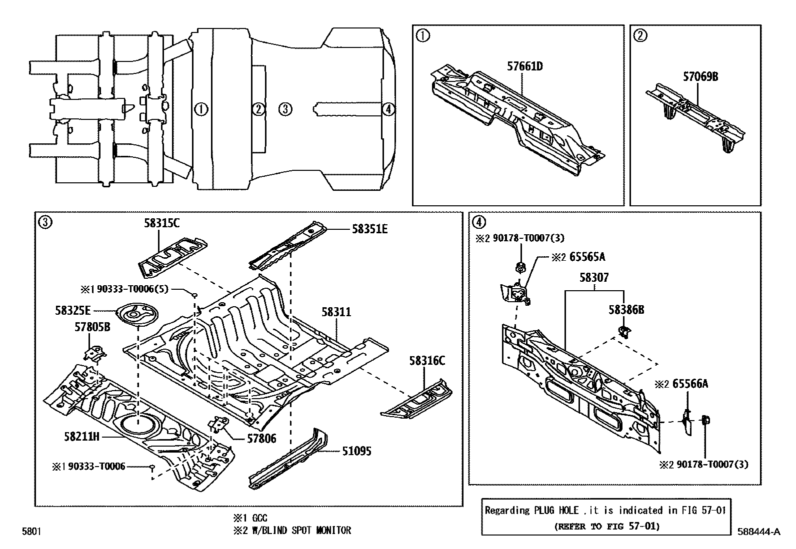 Toyota YARIS 浅盘形地板和车身下背板 EPC diagram — 588444A