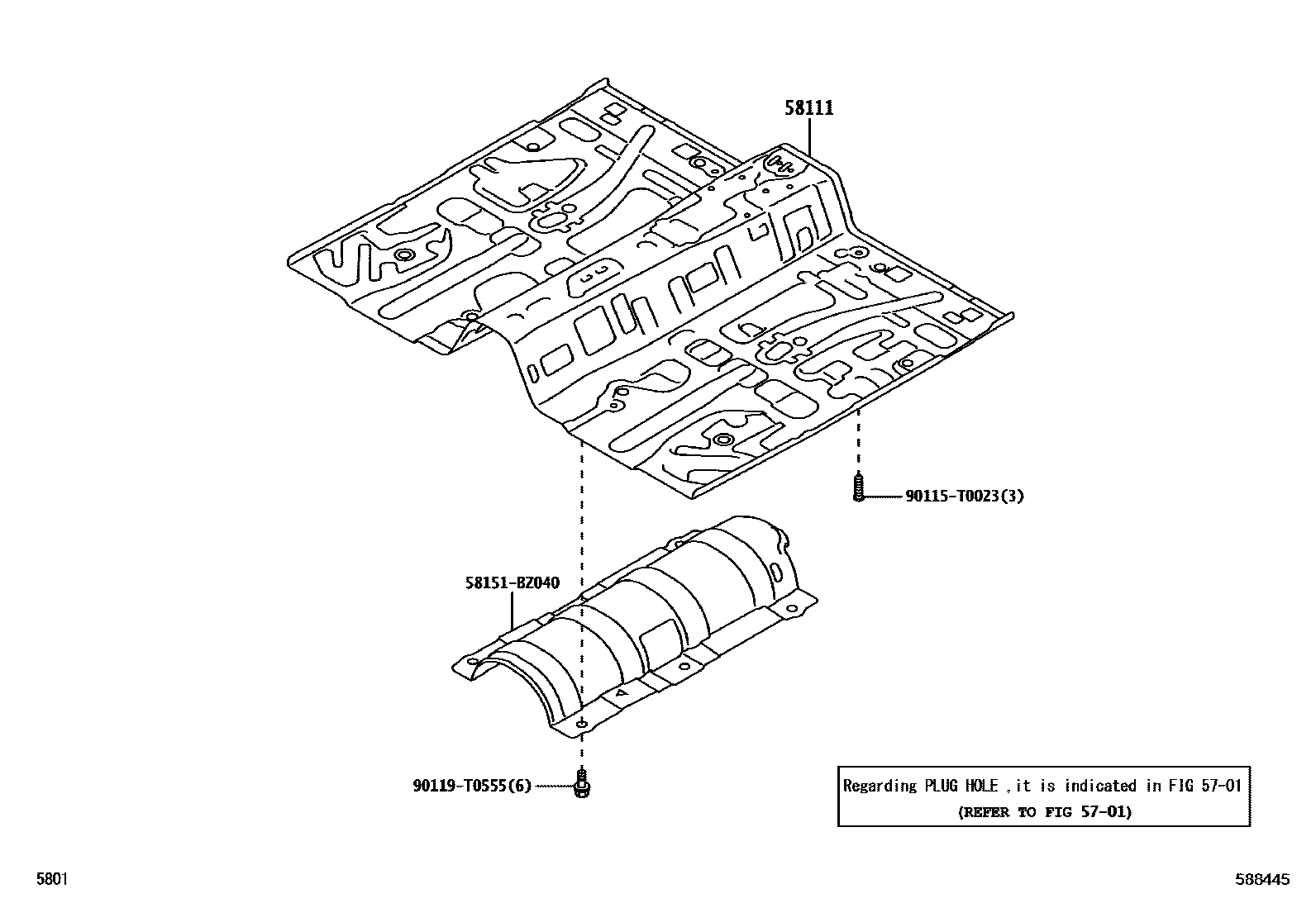 Toyota YARIS 浅盘形地板和车身下背板 EPC diagram — 588445