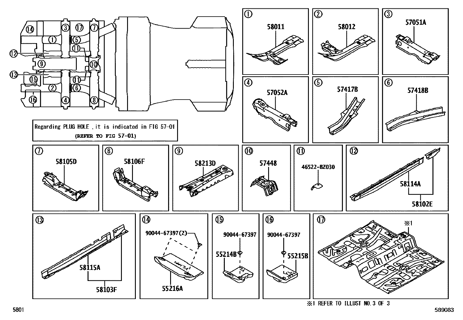 Toyota YARIS 浅盘形地板和车身下背板 EPC diagram — 589083