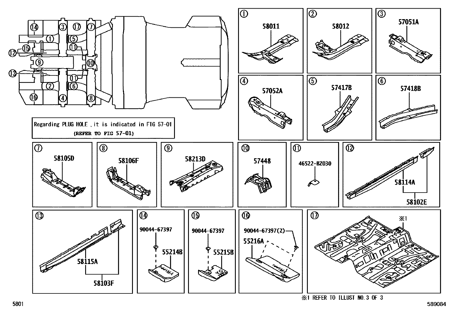 Toyota YARIS 浅盘形地板和车身下背板 EPC diagram — 589084