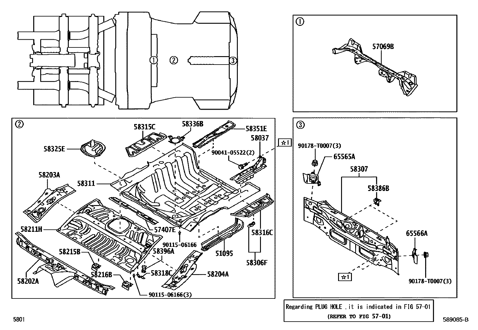 Toyota YARIS 浅盘形地板和车身下背板 EPC diagram — 589085B