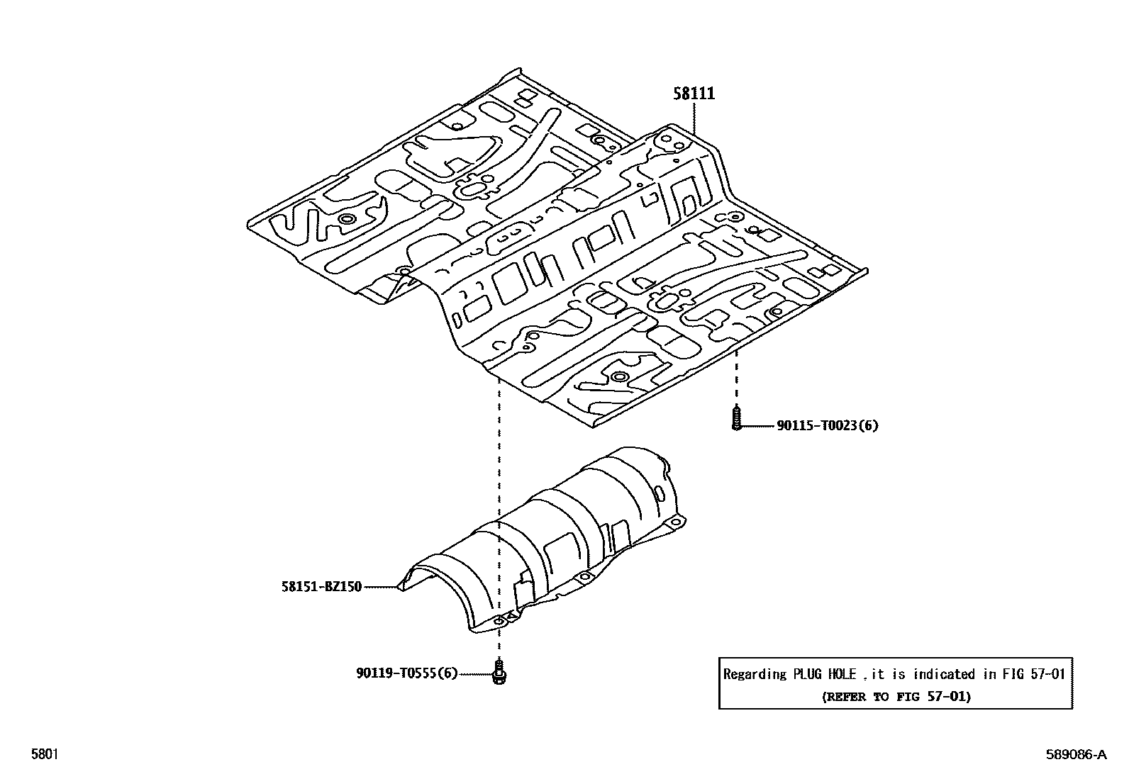 Toyota YARIS 浅盘形地板和车身下背板 EPC diagram — 589086A