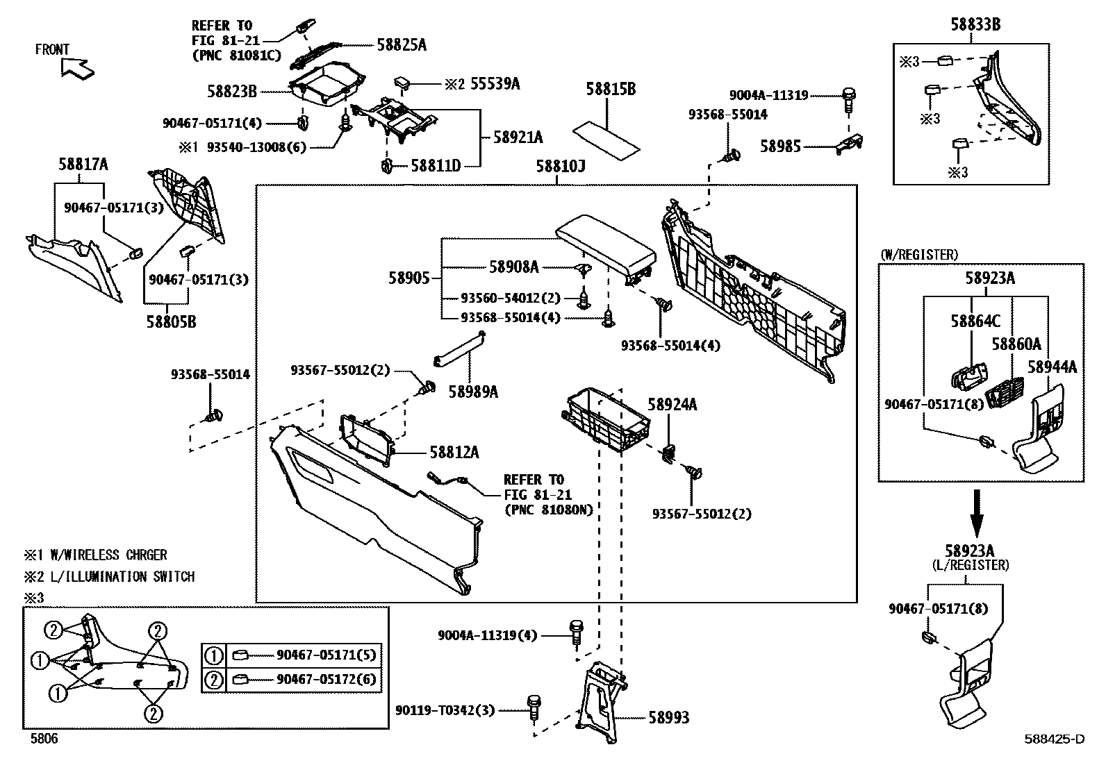 Toyota YARIS 中央扶手箱和支架 EPC diagram — 588425D