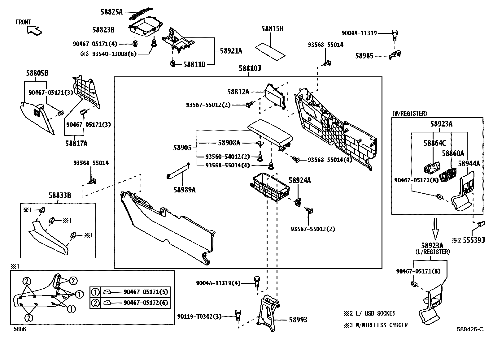 Toyota YARIS 中央扶手箱和支架 EPC diagram — 588426C