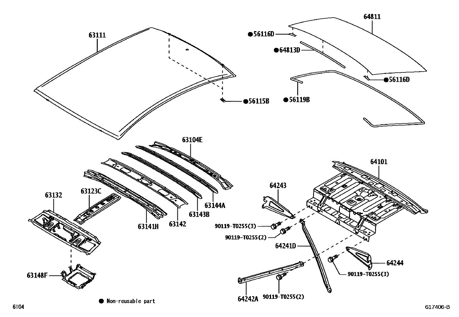 Toyota YARIS 天窗板和背窗玻璃 EPC diagram — 617406B