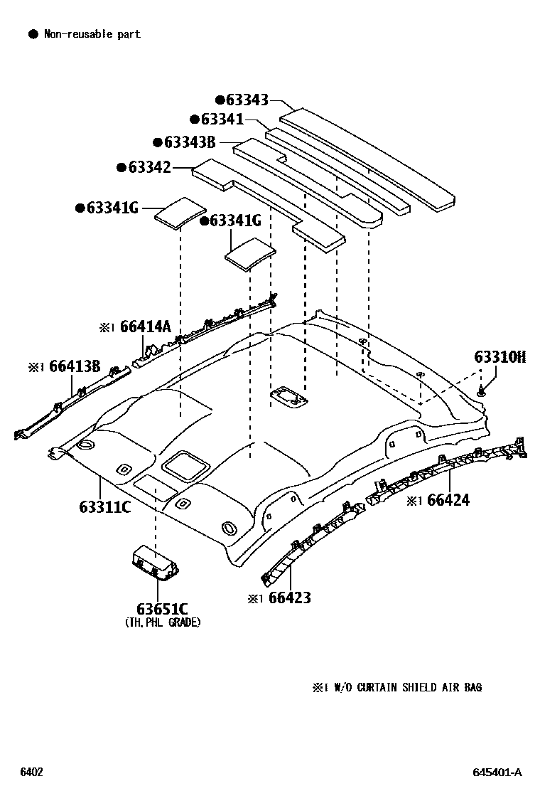 Toyota YARIS 车顶内衬和消声垫 EPC diagram — 645401A