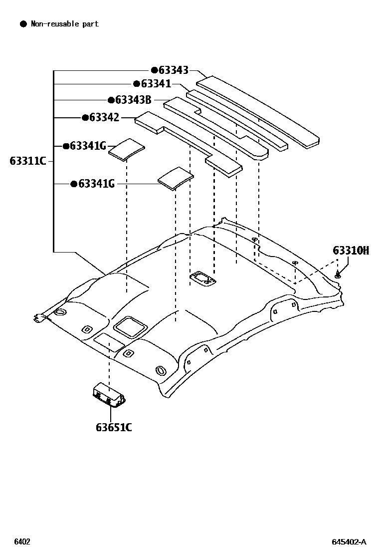 Toyota YARIS 车顶内衬和消声垫 EPC diagram — 645402A