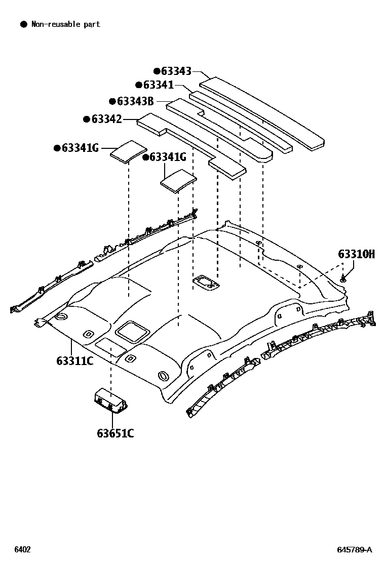 Toyota YARIS 车顶内衬和消声垫 EPC diagram — 645789A