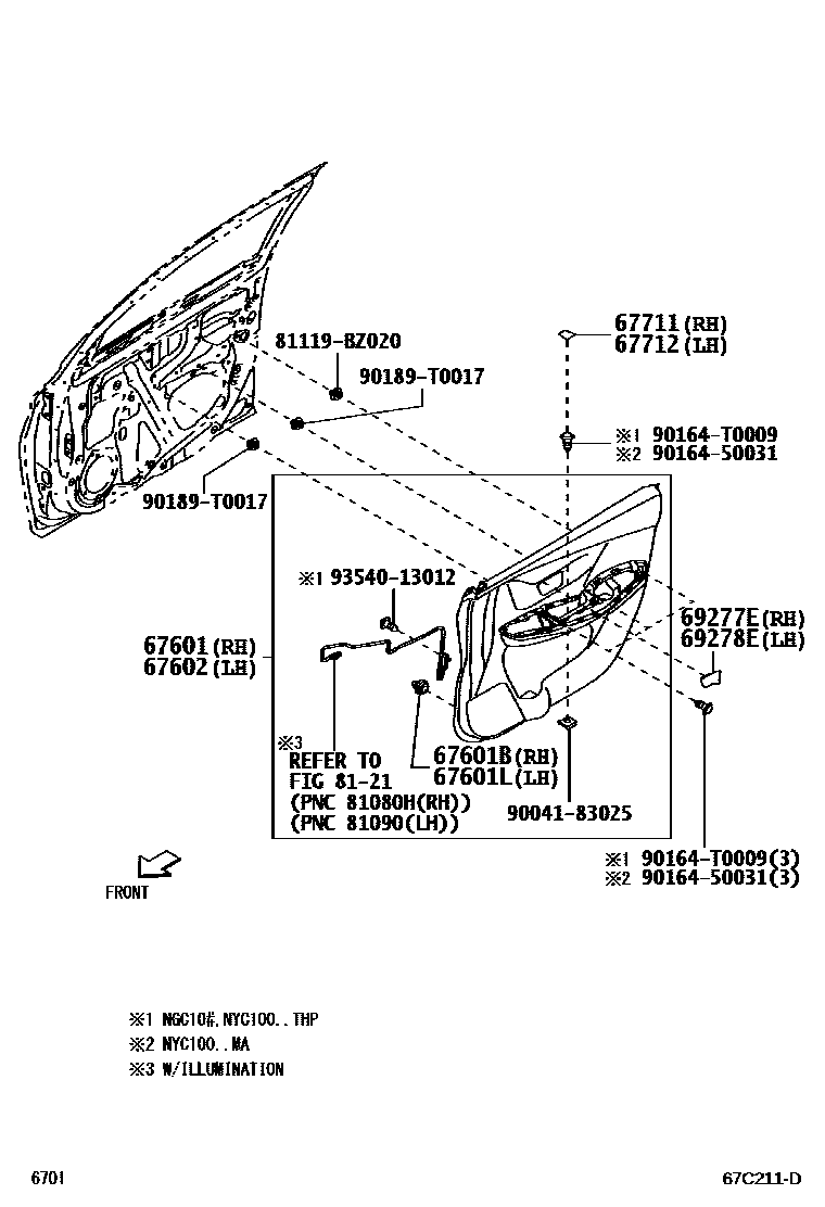 Toyota YARIS 前门板和前门玻璃 EPC diagram — 67C211D