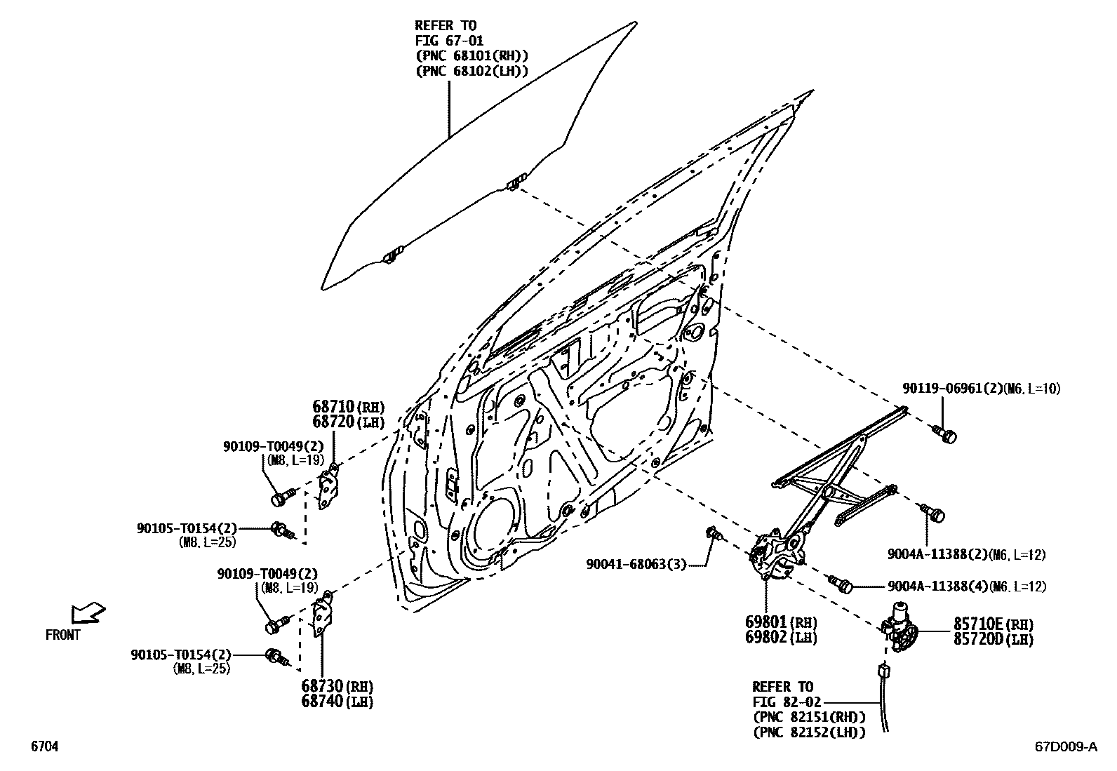 Toyota YARIS 前门车窗升降器和合页 EPC diagram — 67D009A