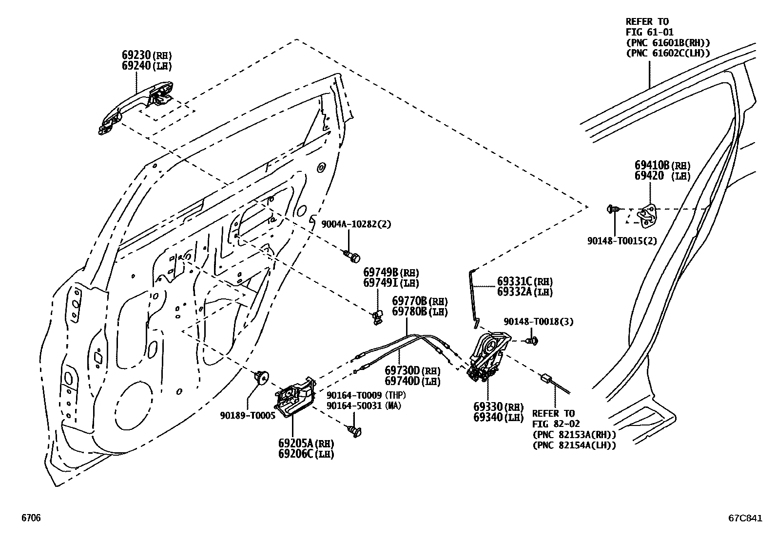 Toyota YARIS 后门锁和后门把手 EPC diagram — 67C841