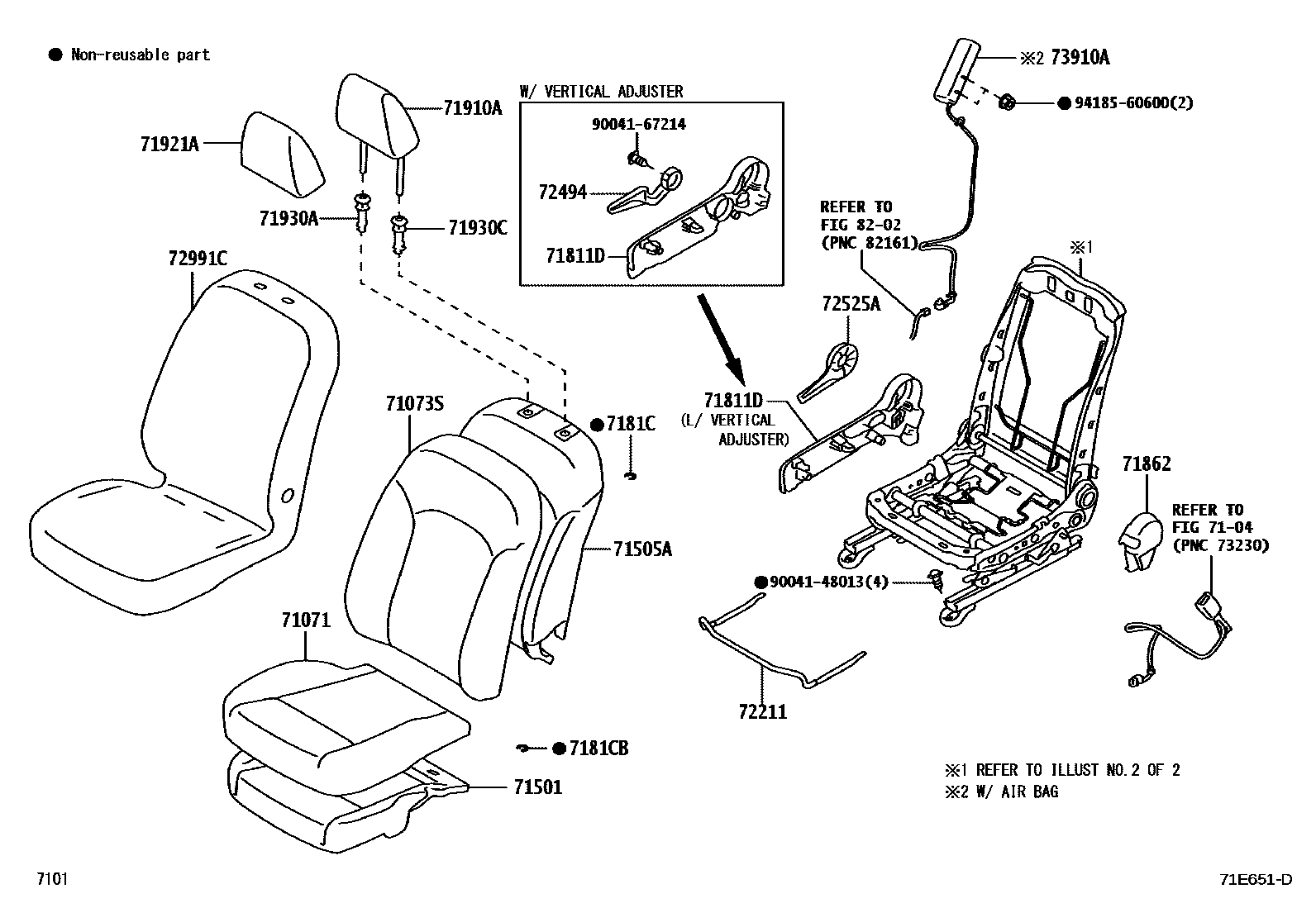 Toyota YARIS 前排座椅和座椅滑轨 EPC diagram — 71E651D