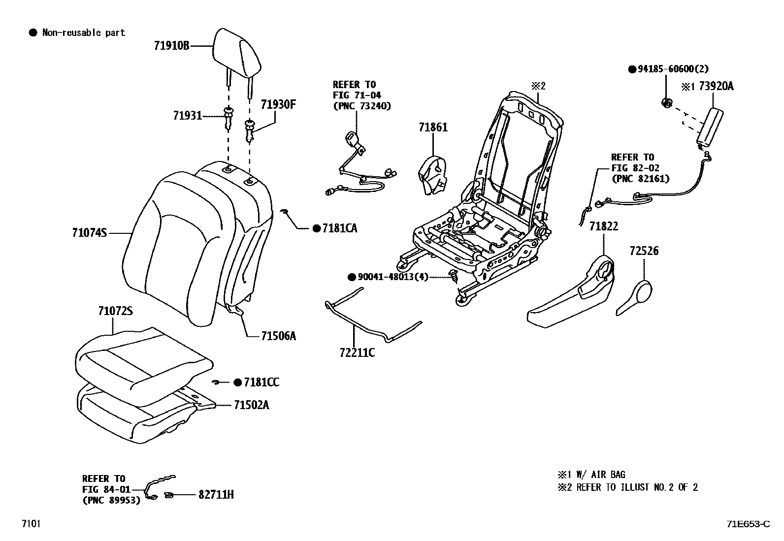 Toyota YARIS 前排座椅和座椅滑轨 EPC diagram — 71E653C