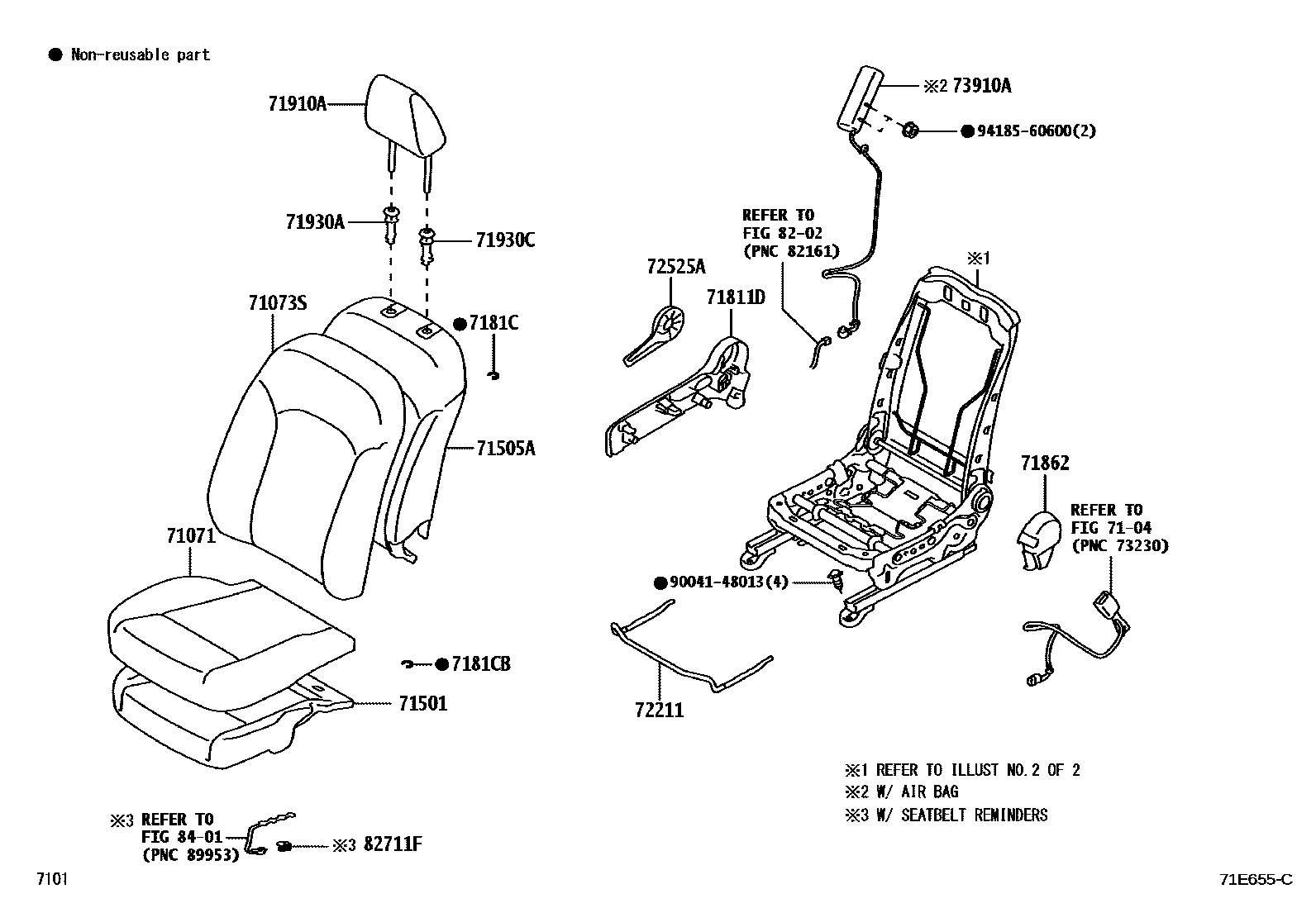 Toyota YARIS 前排座椅和座椅滑轨 EPC diagram — 71E655C