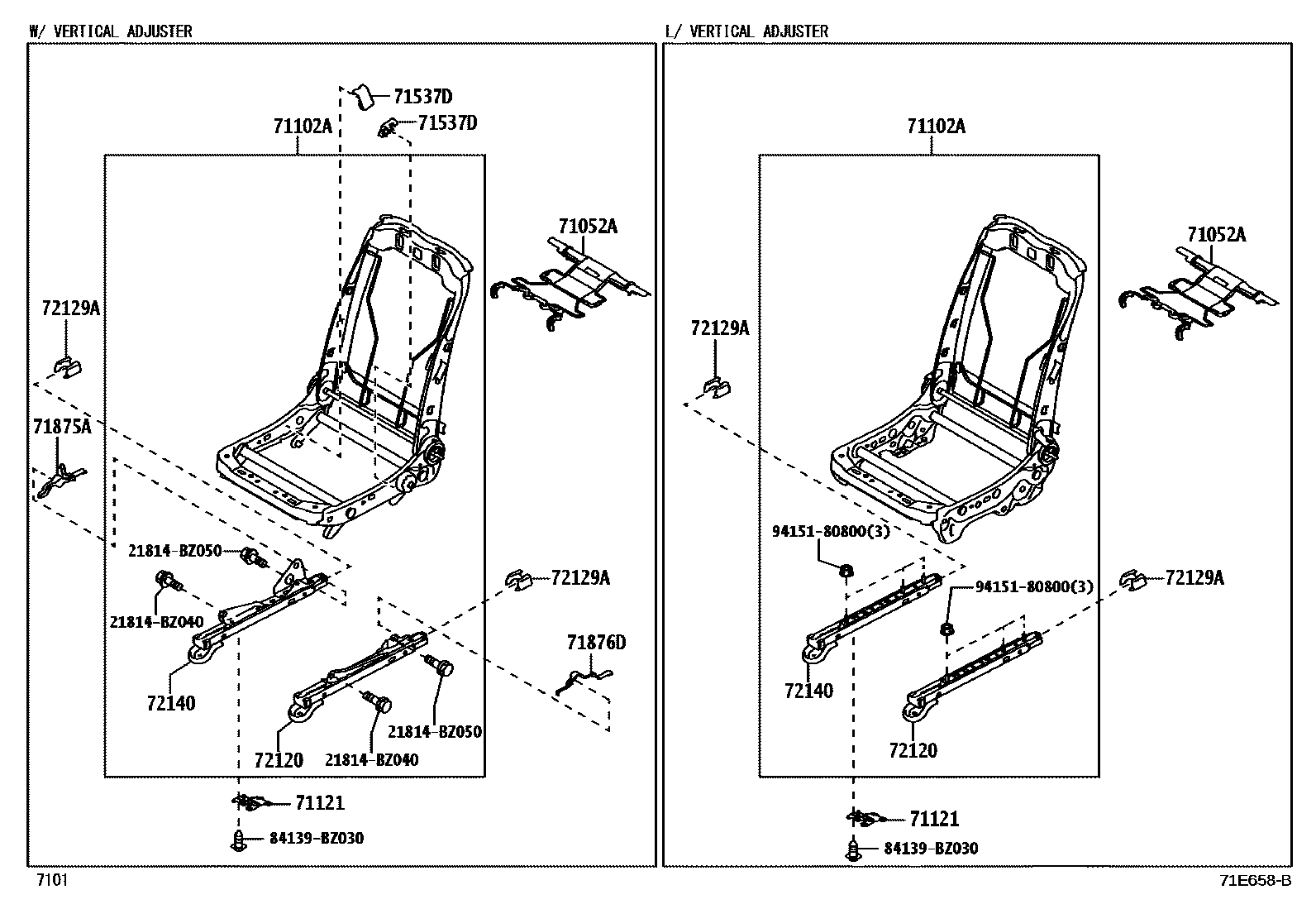 Toyota YARIS 前排座椅和座椅滑轨 EPC diagram — 71E658B