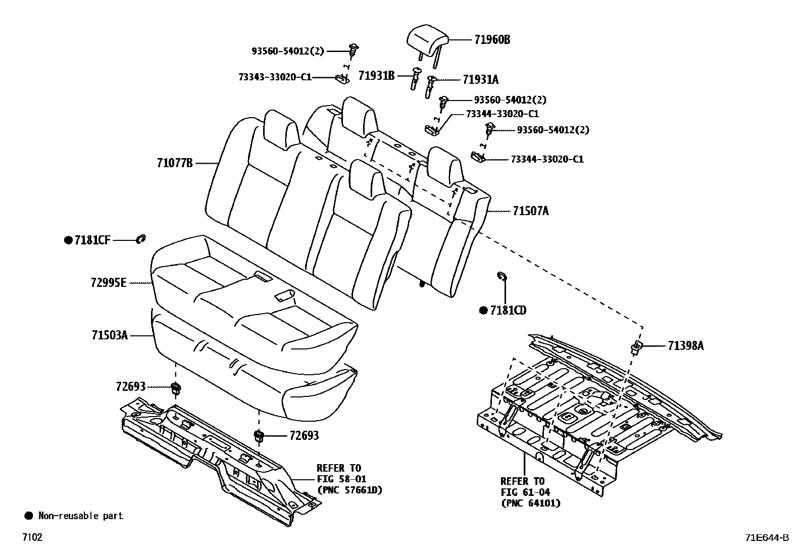 Toyota YARIS 后排座椅和座椅滑轨 EPC diagram — 71E644B