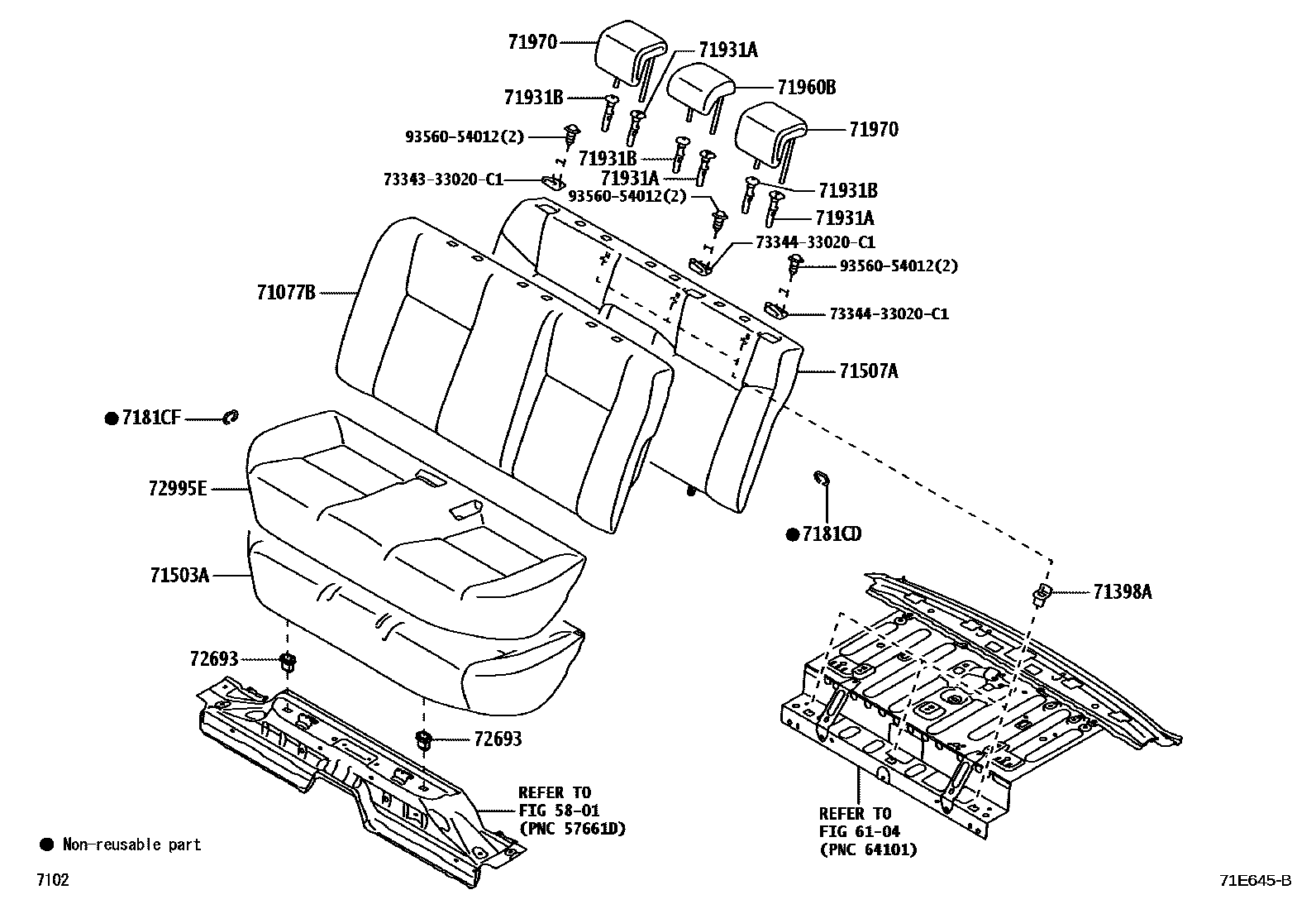 Toyota YARIS 后排座椅和座椅滑轨 EPC diagram — 71E645B
