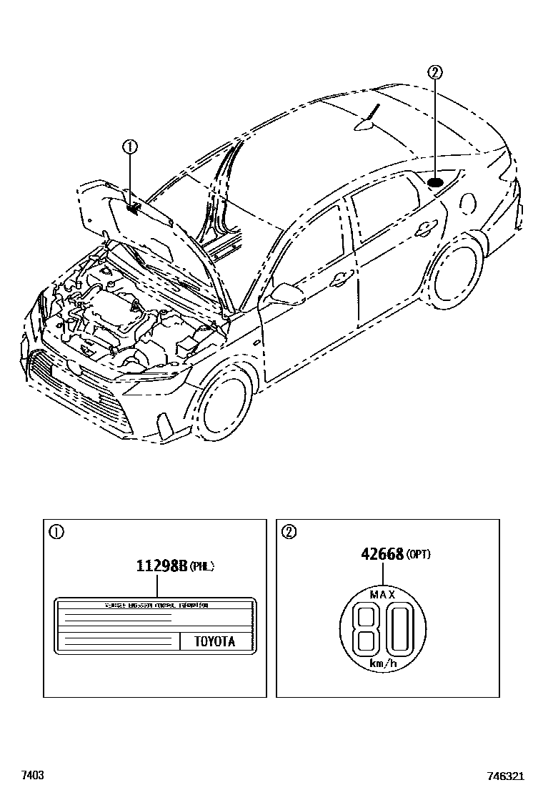 Toyota YARIS 警示铭牌(车外和车内) EPC diagram — 746321