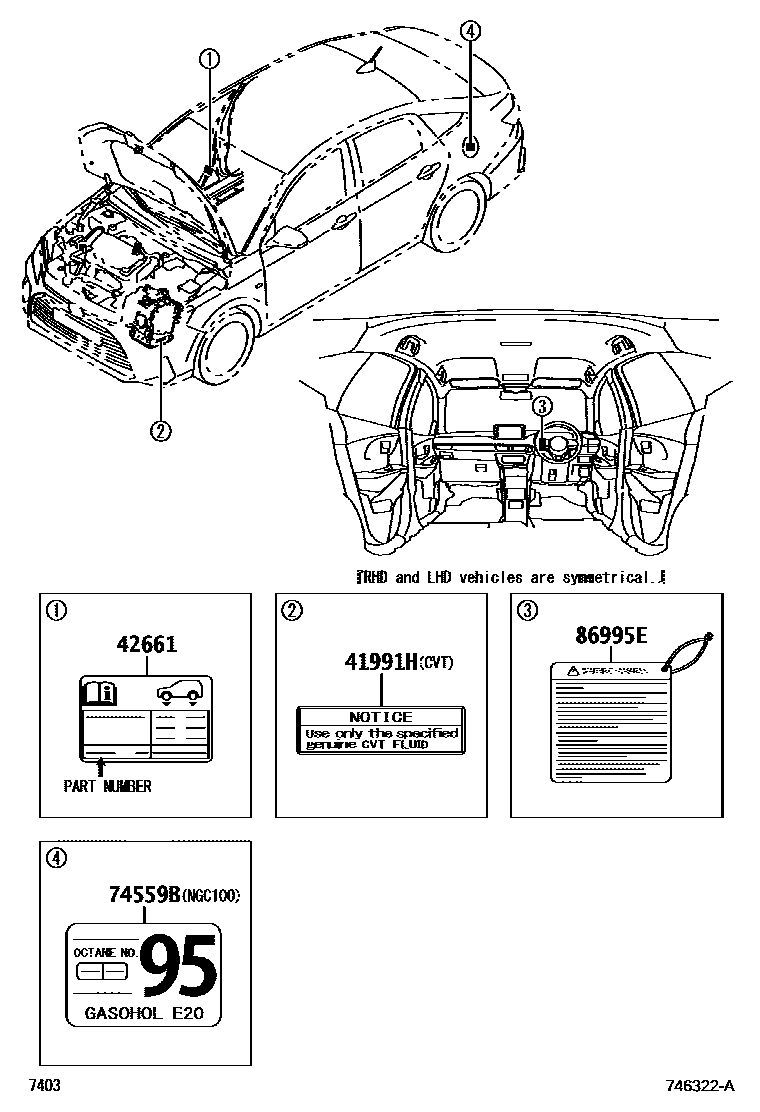 Toyota YARIS 警示铭牌(车外和车内) EPC diagram — 746322A