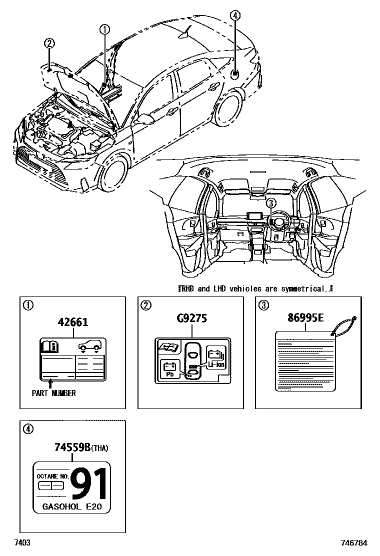 Toyota YARIS 警示铭牌(车外和车内) EPC diagram — 746784
