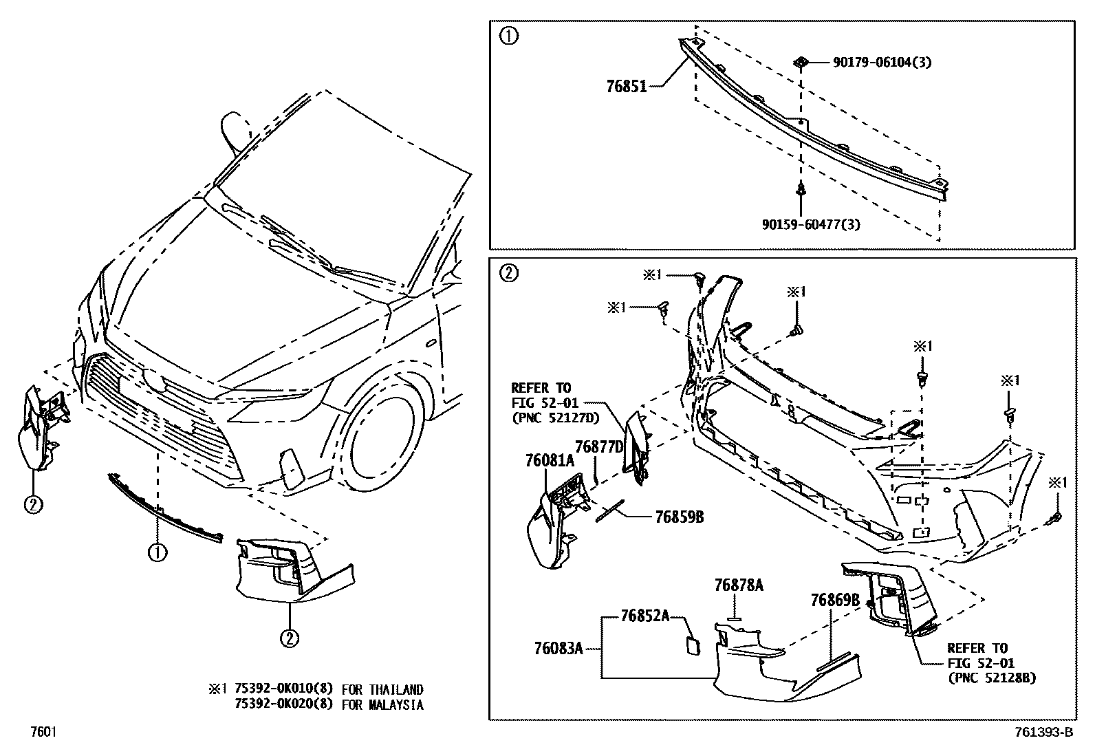 Toyota YARIS 挡泥板和扰流板 EPC diagram — 761393B