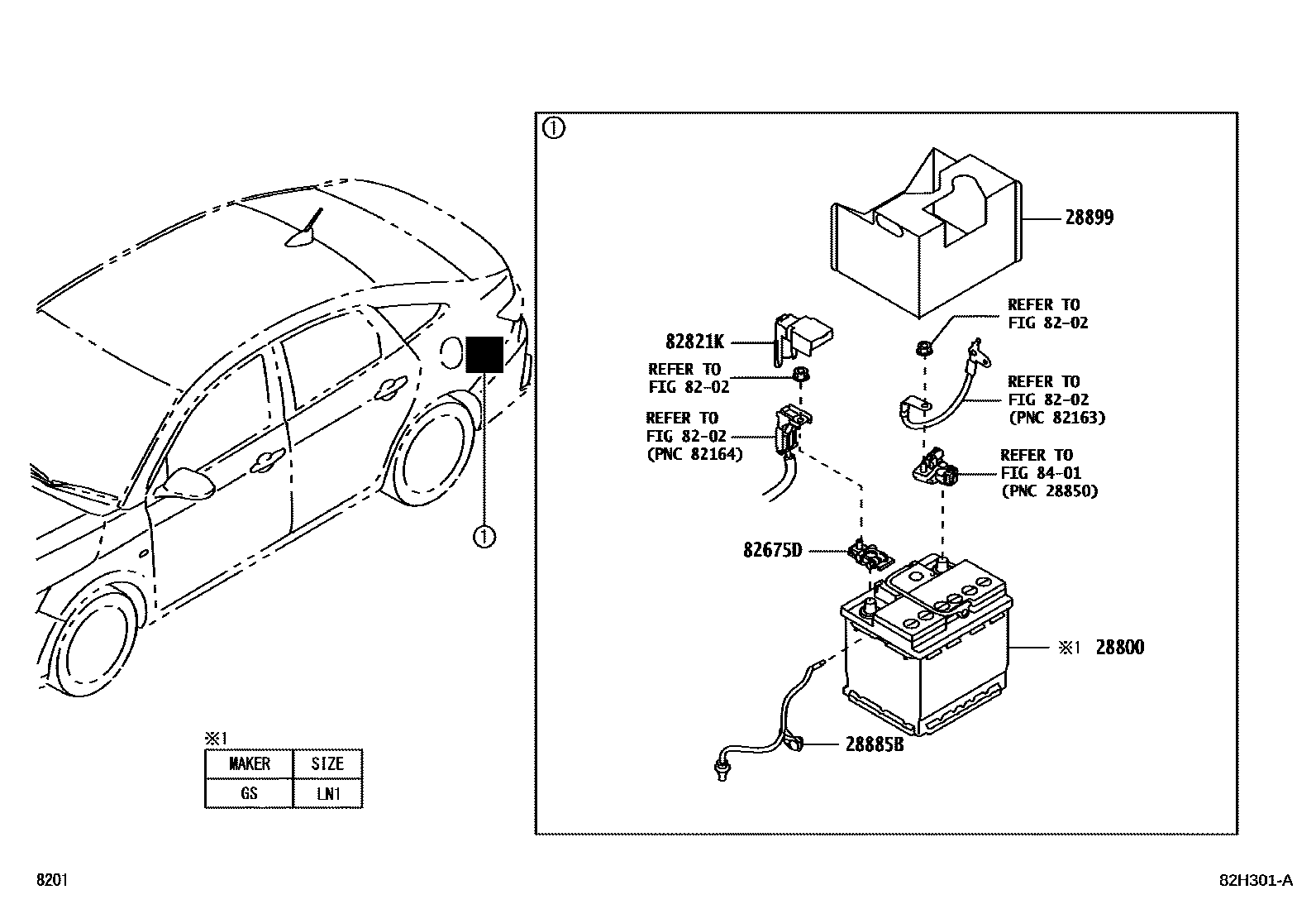 Toyota YARIS 蓄电池和蓄电池电缆 EPC diagram — 82H301A