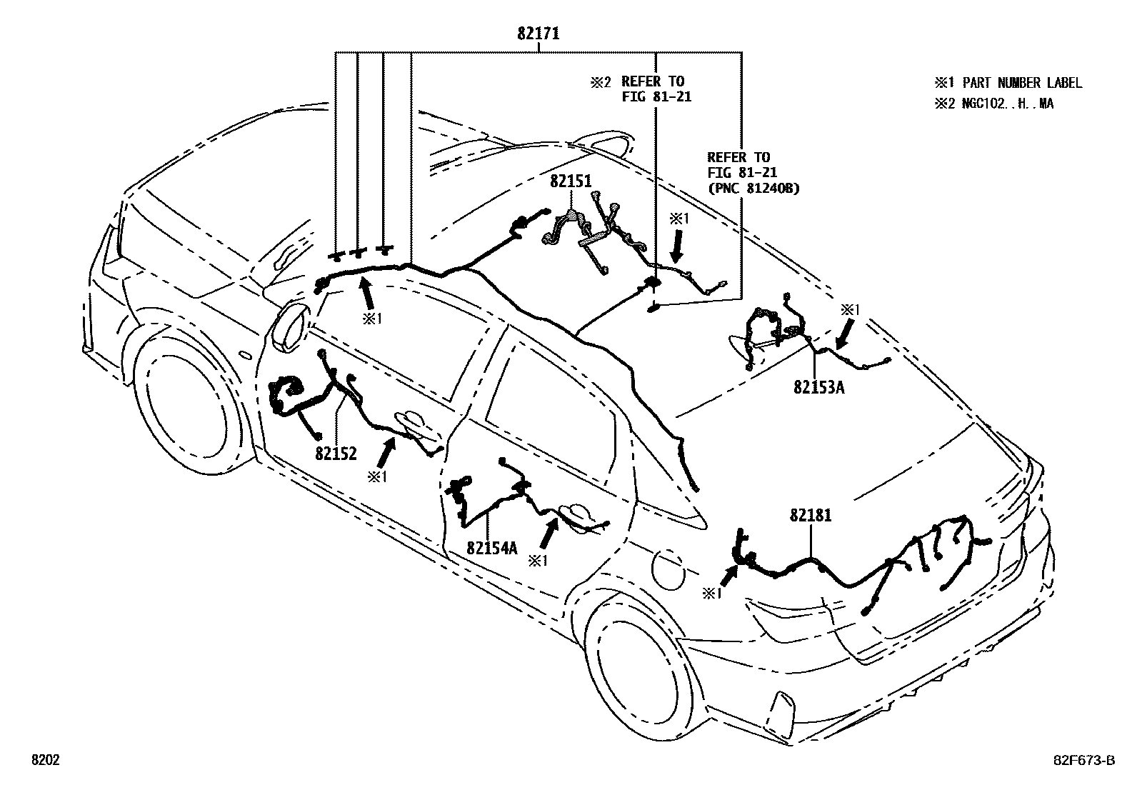 Toyota YARIS 线束和卡夹 EPC diagram — 82F673B