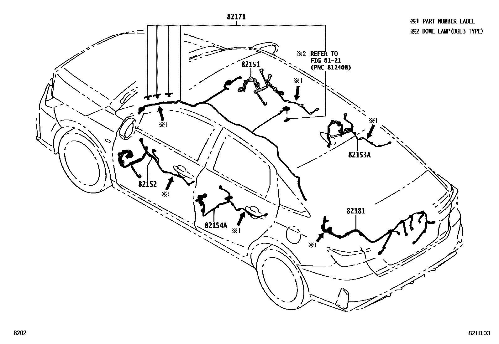Toyota YARIS 线束和卡夹 EPC diagram — 82H103