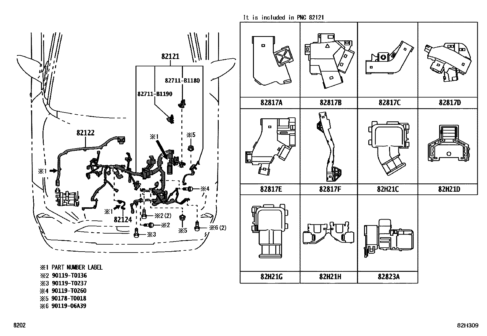 Toyota YARIS 线束和卡夹 EPC diagram — 82H309