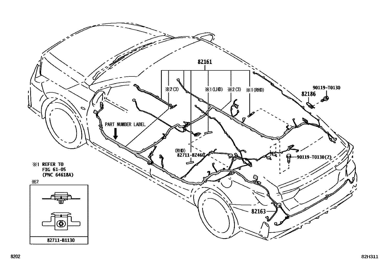 Toyota YARIS 线束和卡夹 EPC diagram — 82H311