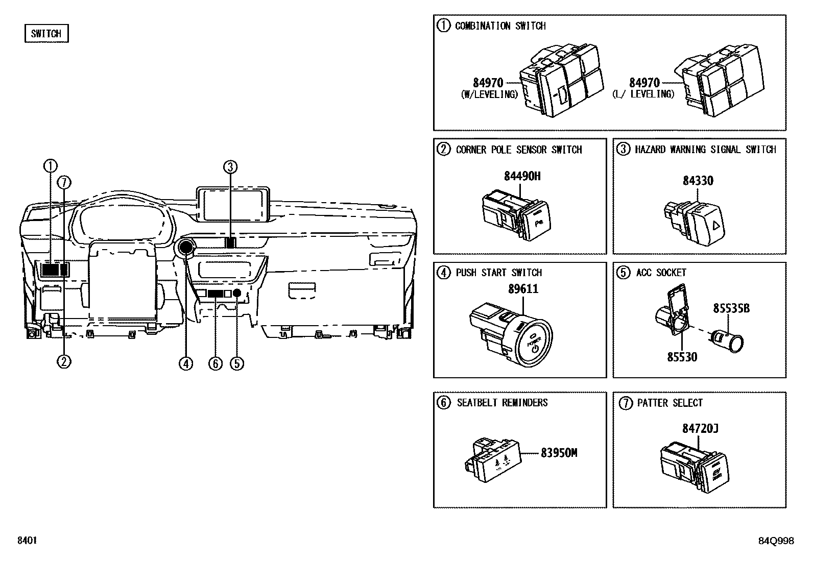 Toyota YARIS 开关和继电器和ECU EPC diagram — 84Q998