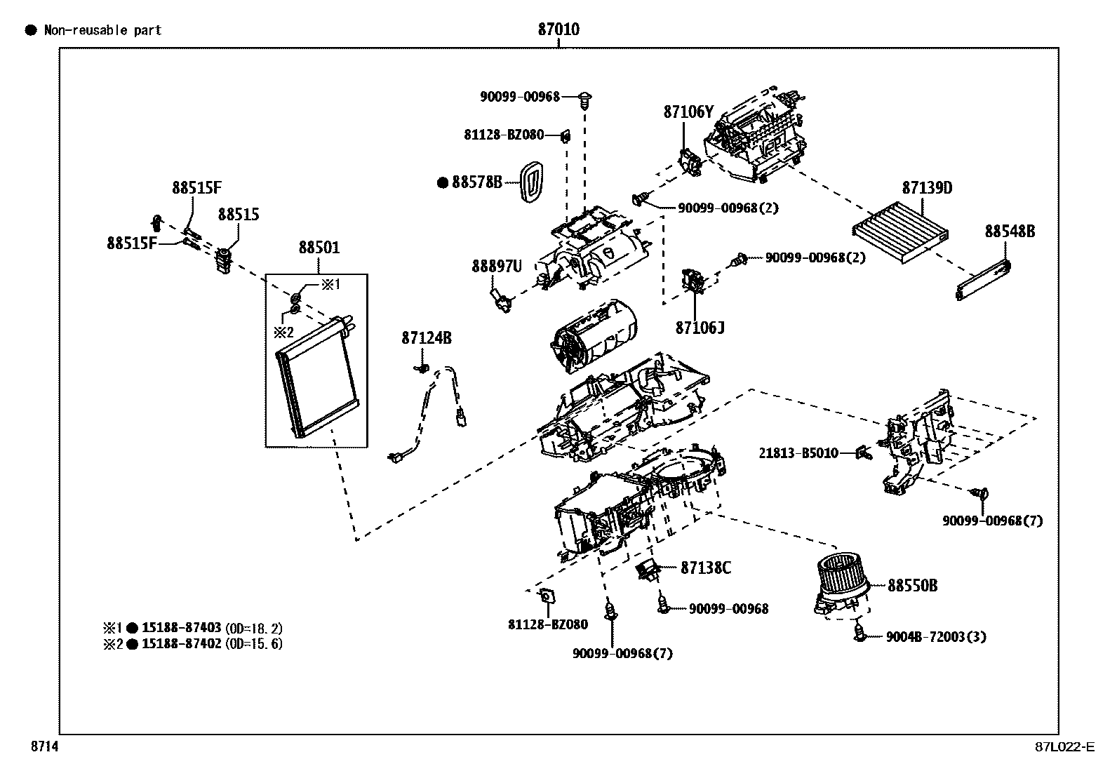 Toyota YARIS 暖风和空调系统 - 冷却器组件 EPC diagram — 87L022E