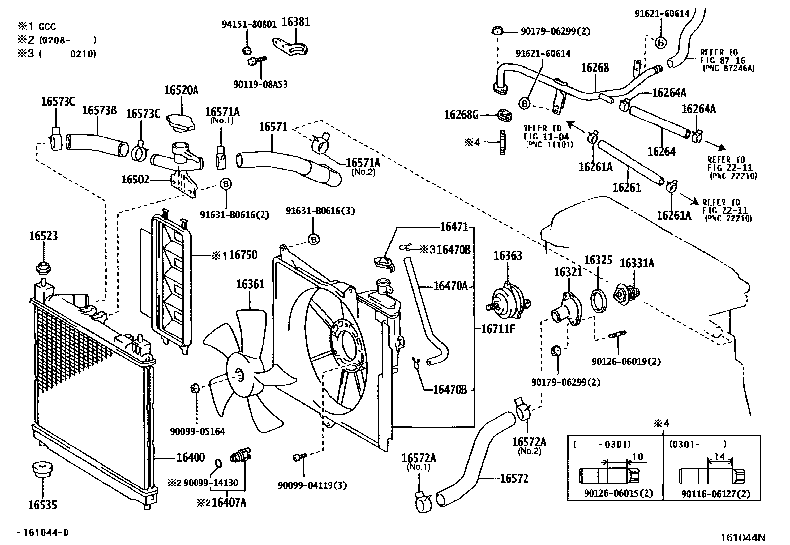 Toyota YARIS RADIATOR & WATER OUTLET EPC diagram — 161044N
