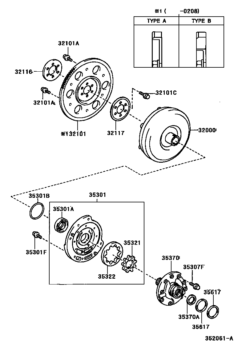 Toyota YARIS 变矩器、前油泵和链条(ATM) EPC diagram — 352061A