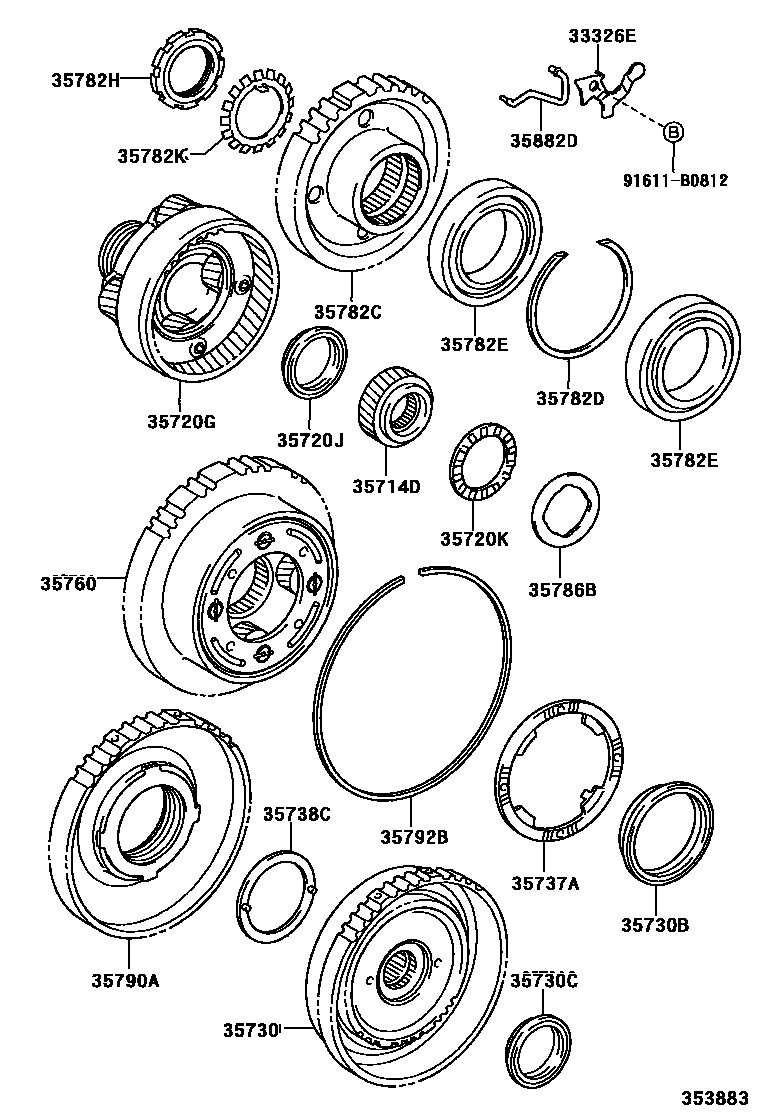 Toyota YARIS 行星齿轮、倒档活塞和中间轴齿轮(ATM) EPC diagram — 353883