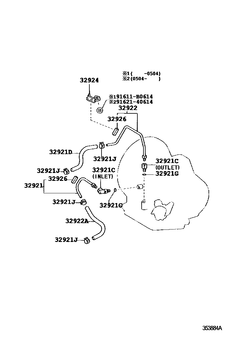 Toyota YARIS 变速器油冷却器和配管(ATM) EPC diagram — 353884A