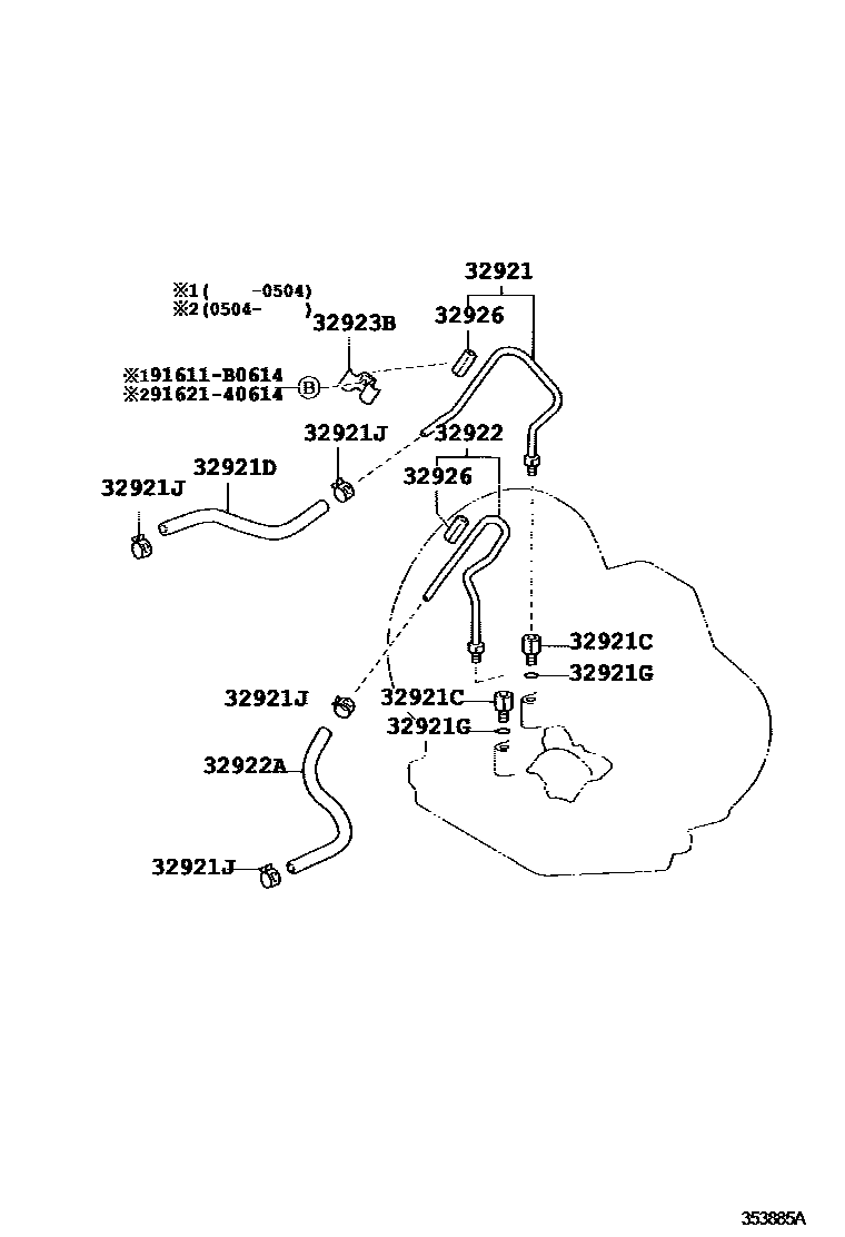 Toyota YARIS 变速器油冷却器和配管(ATM) EPC diagram — 353885A