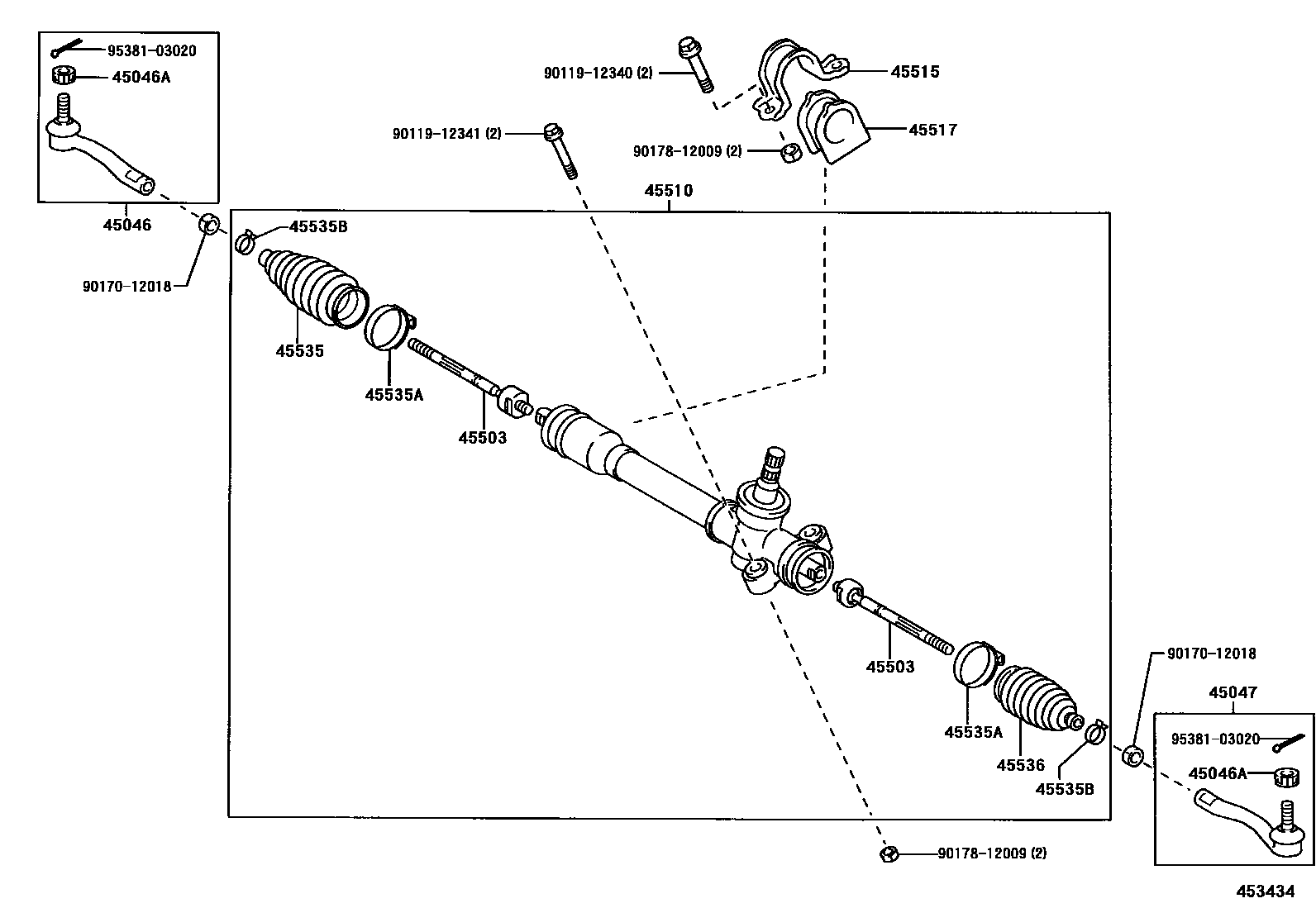 Toyota YARIS 前转向齿轮和连杆 EPC diagram — 453434