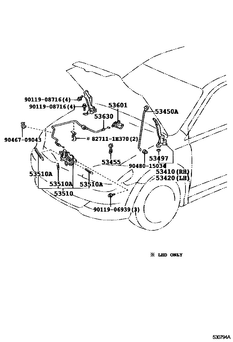 Toyota YARIS 发动机盖锁和铰链 EPC diagram — 530794A