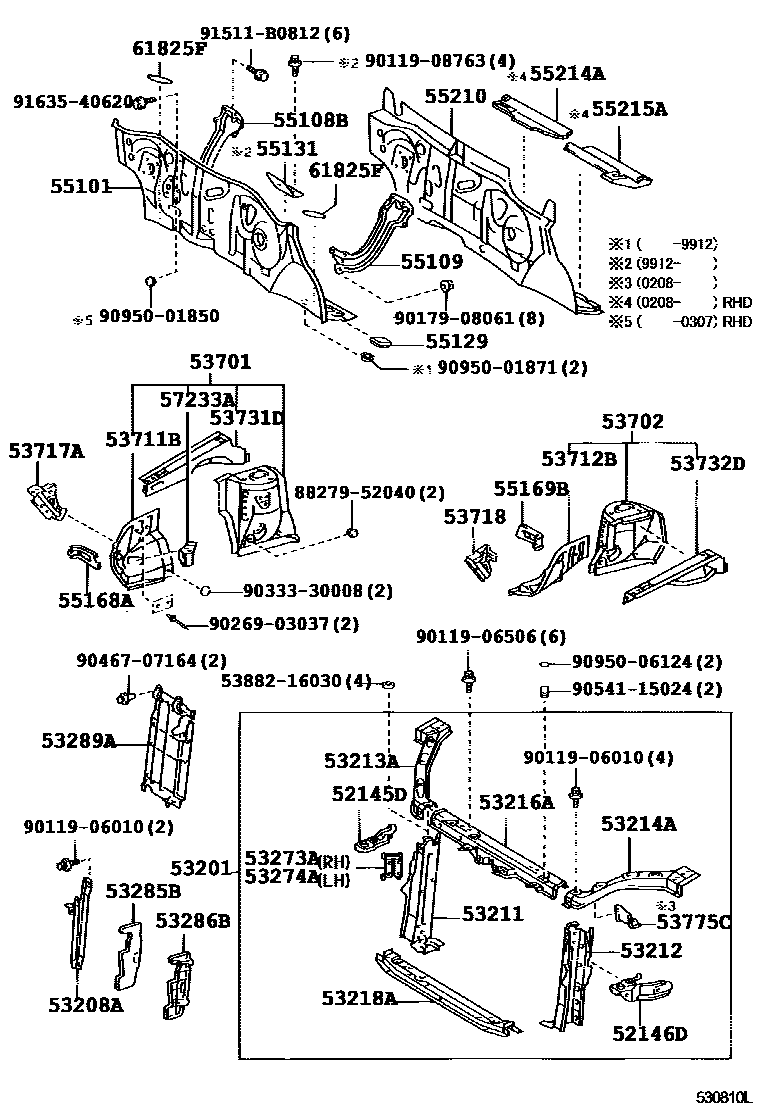 Toyota YARIS 前翼子板挡泥板和前围板 EPC diagram — 530810L
