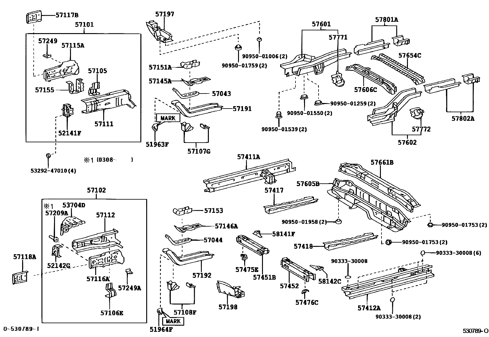 Toyota YARIS Floor stringers EPC diagram — 530789O