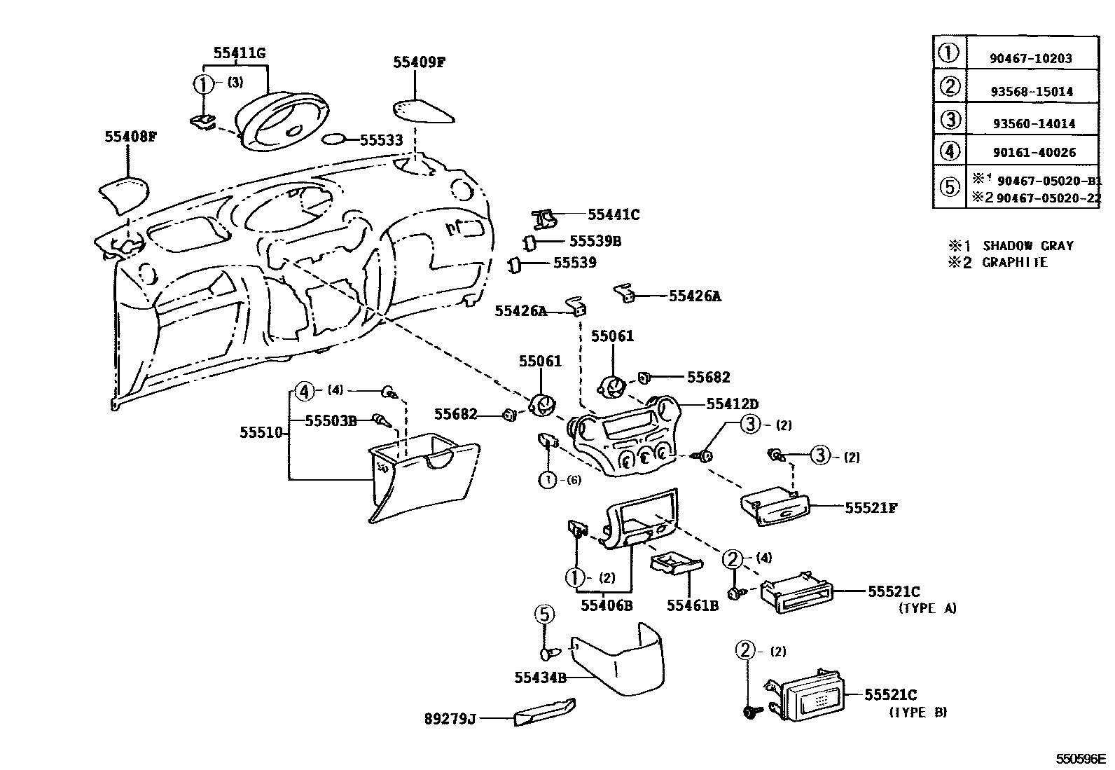 Toyota YARIS 仪表板和手套箱 EPC diagram — 550596E