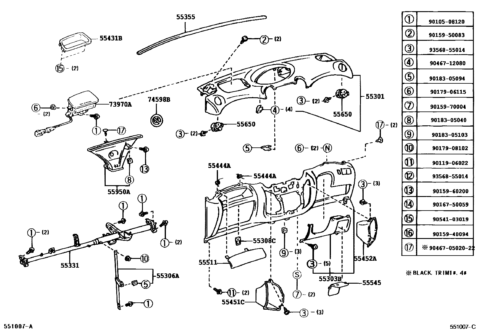 Toyota YARIS 仪表板和手套箱 EPC diagram — 551007C