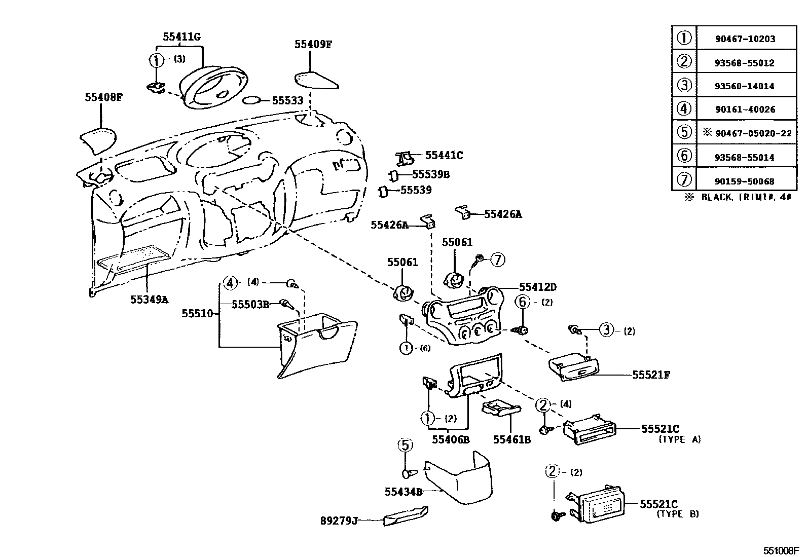 Toyota YARIS 仪表板和手套箱 EPC diagram — 551008F