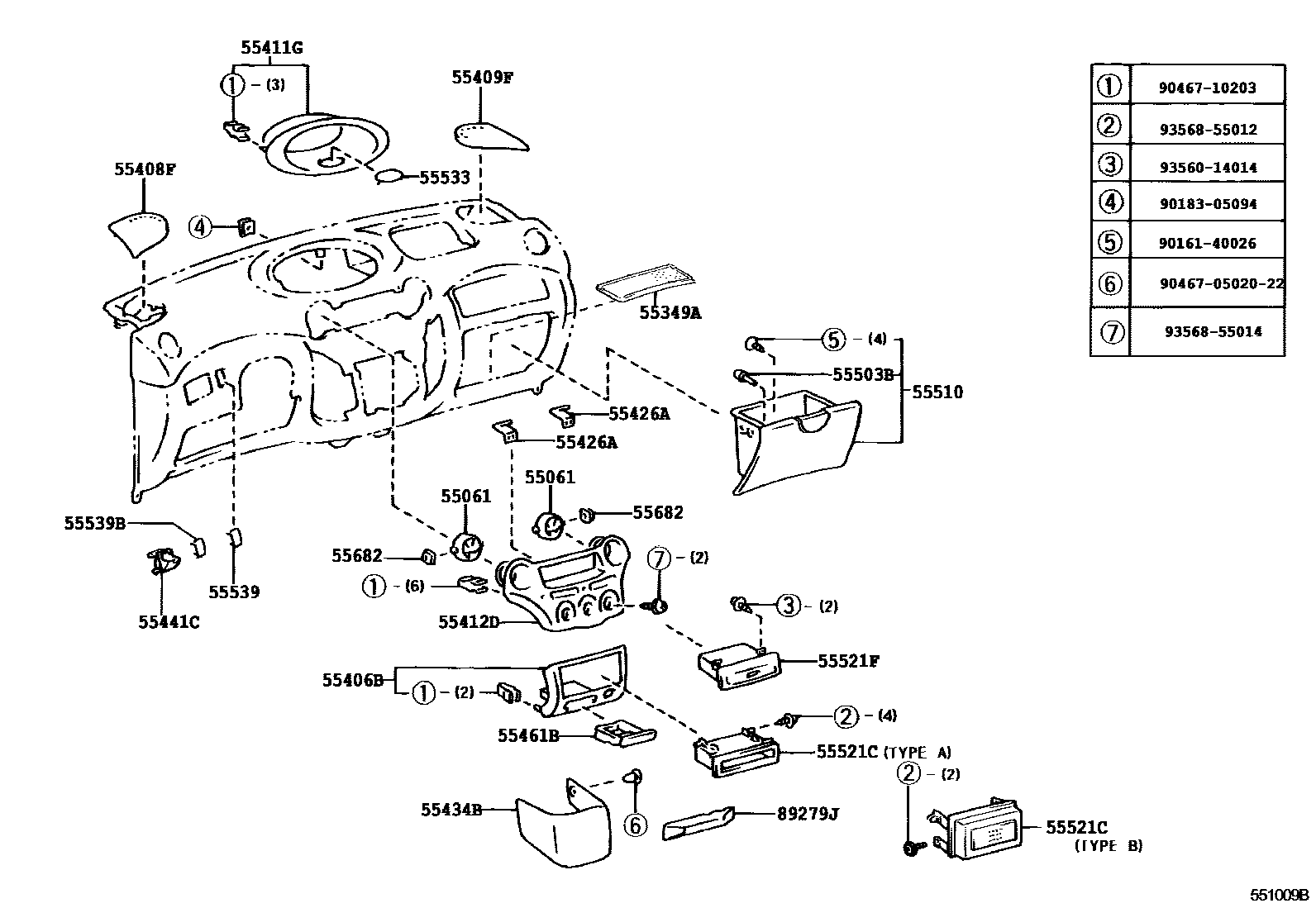 Toyota YARIS 仪表板和手套箱 EPC diagram — 551009B