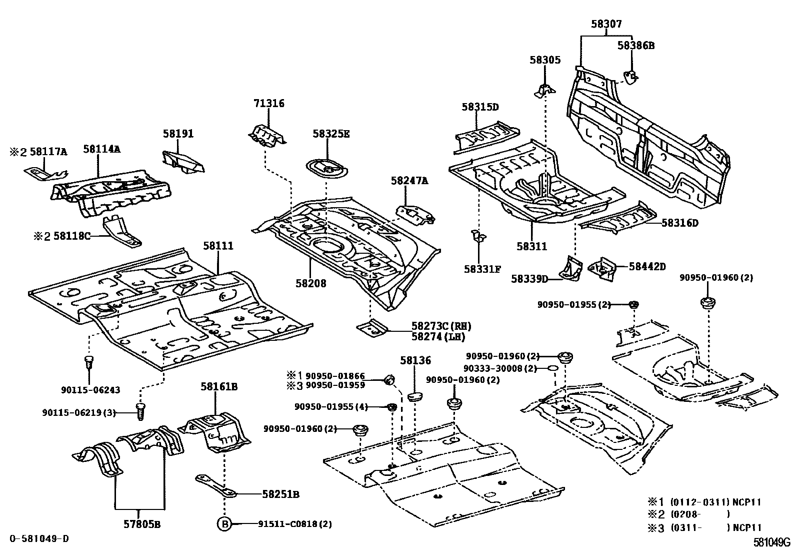 Toyota YARIS 浅盘形地板和车身下背板 EPC diagram — 581049G