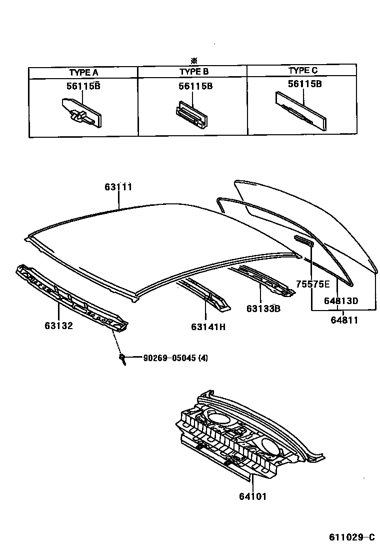 Toyota YARIS 天窗板和背窗玻璃 EPC diagram — 611029C